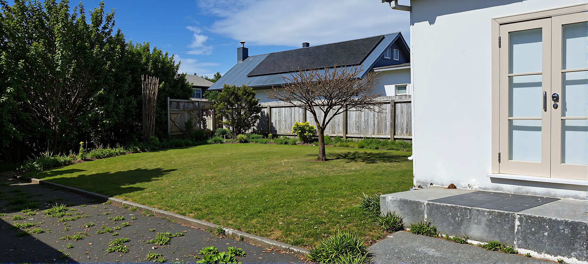 Freshly mown Ōtaki backyard lawn with a tree and tidy garden beds