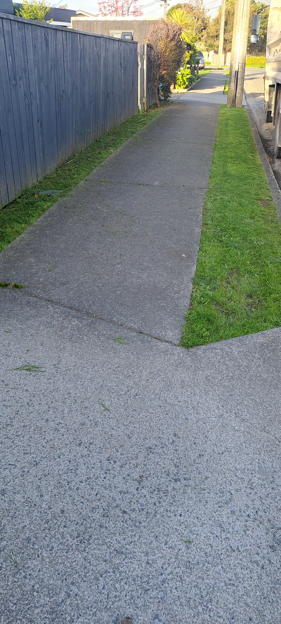 Crisp mown grass edge running along a concrete driveway